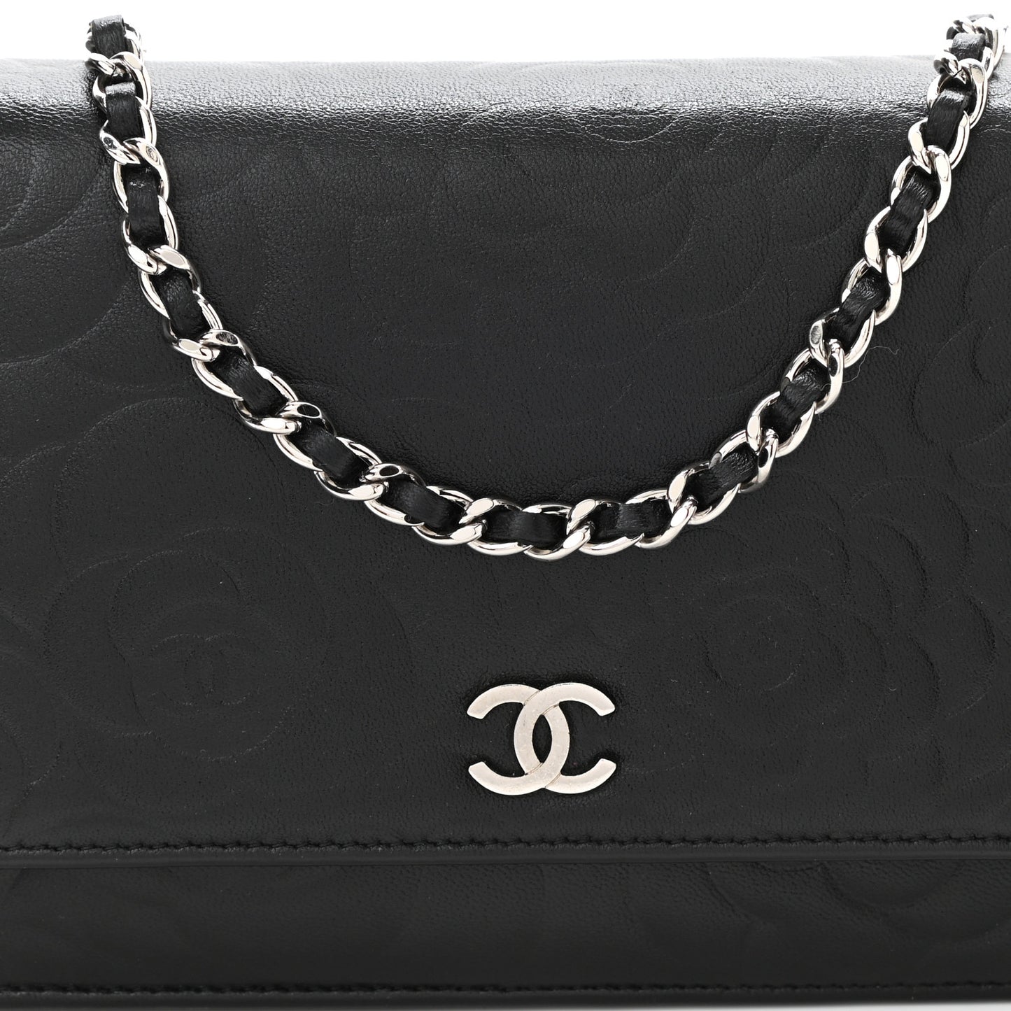 Lambskin Camellia Embossed Wallet on Chain WOC Black