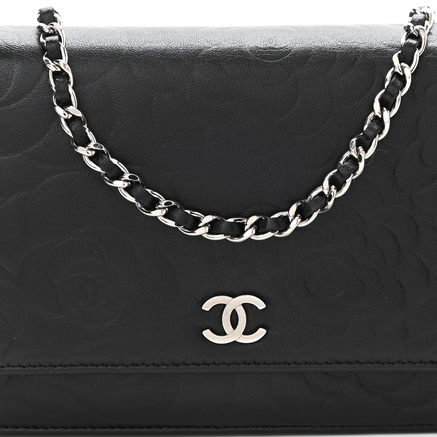 Chanel Lambskin Camellia Embossed Wallet on Chain WOC Black 9 of 11