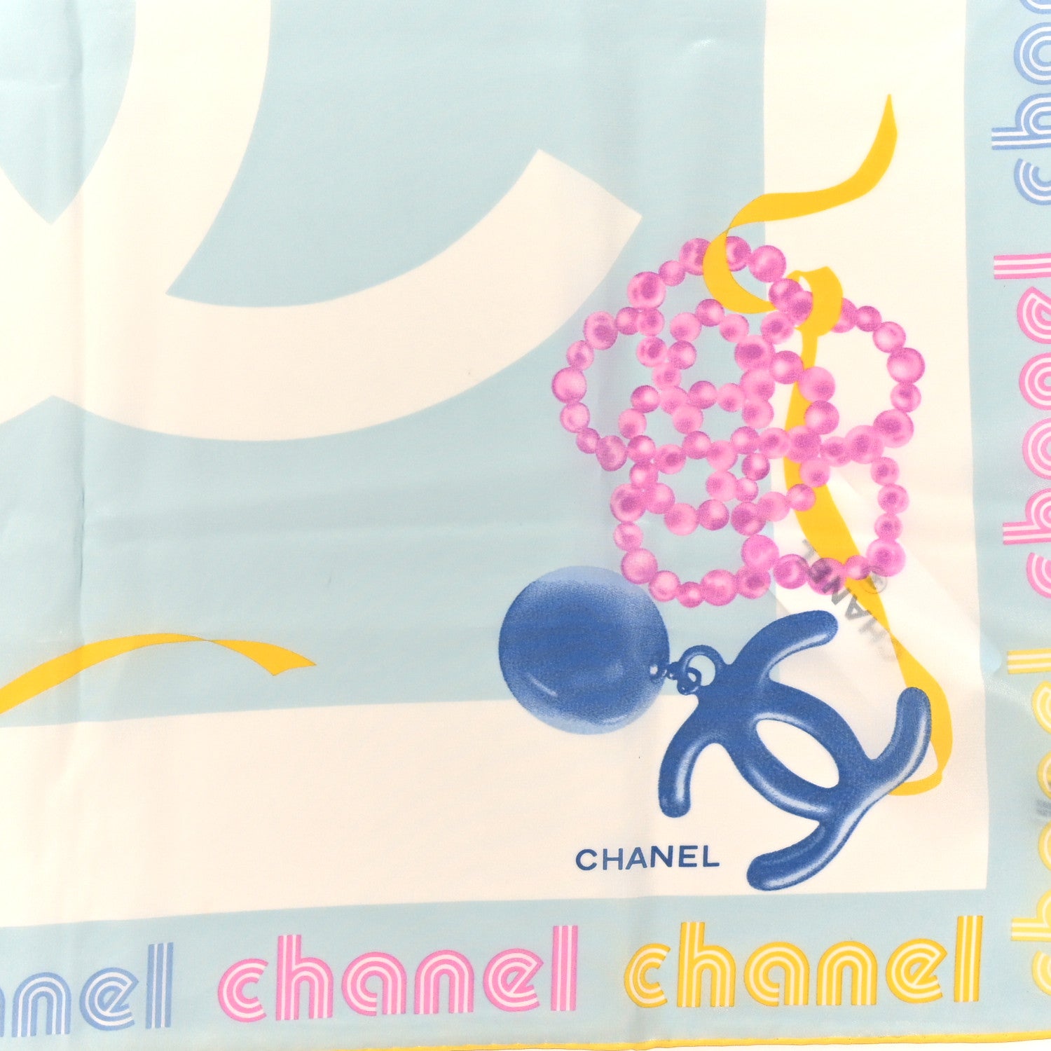 Chanel Silk CC Pearl Clover Scarf Blue Yellow Pink 2 of 3