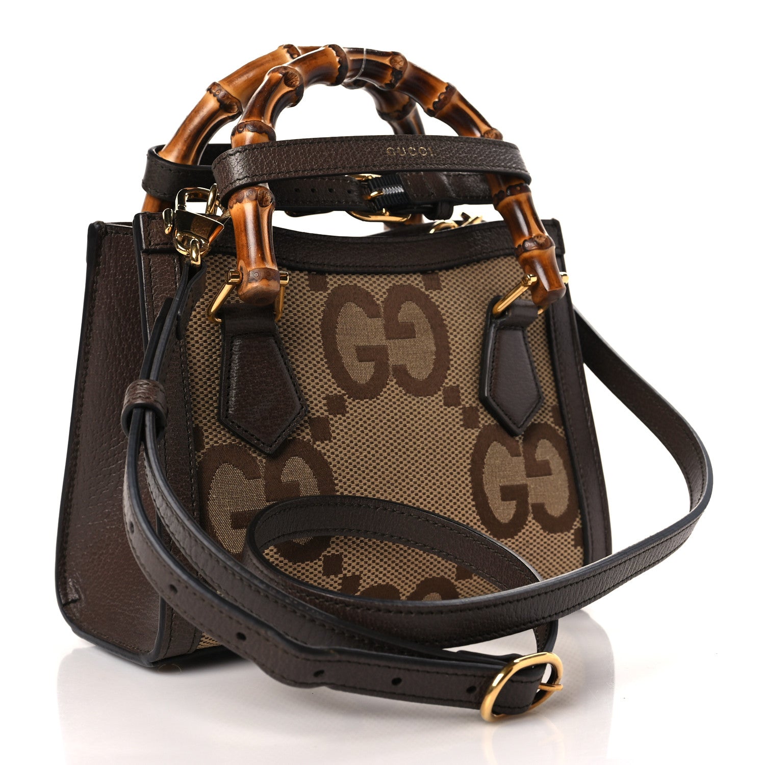 Gucci Monogram Jumbo GG Textured Dollar Calfskin Mini Diana Tote Bag Camel Ebony New Acero 3 of 10