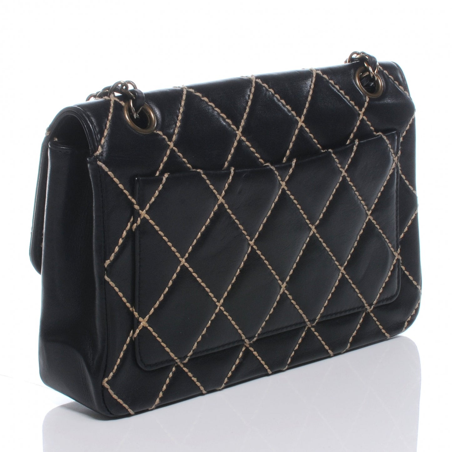 Leather Quilted Contrast Stitch Surpique Flap Black