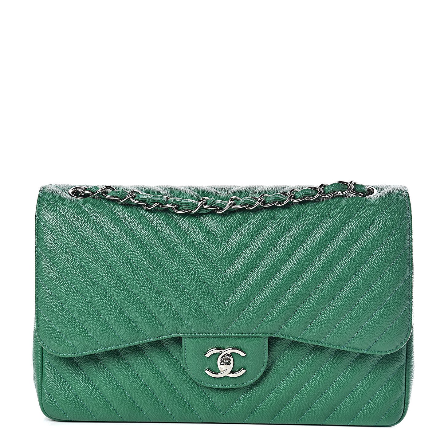 Caviar Chevron Quilted Jumbo Double Flap Green