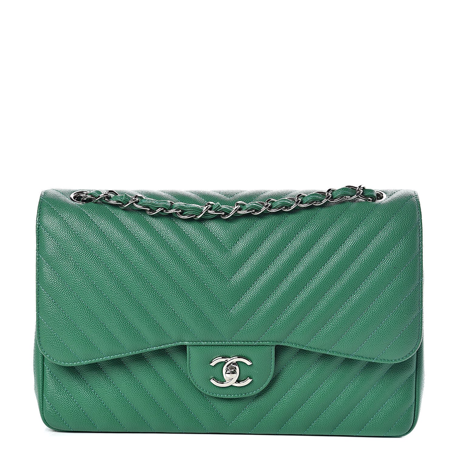 Chanel Caviar Chevron Quilted Jumbo Double Flap Green 1 of 13