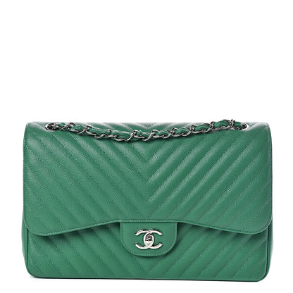 Chanel Caviar Chevron Quilted Jumbo Double Flap Green 1 of 13