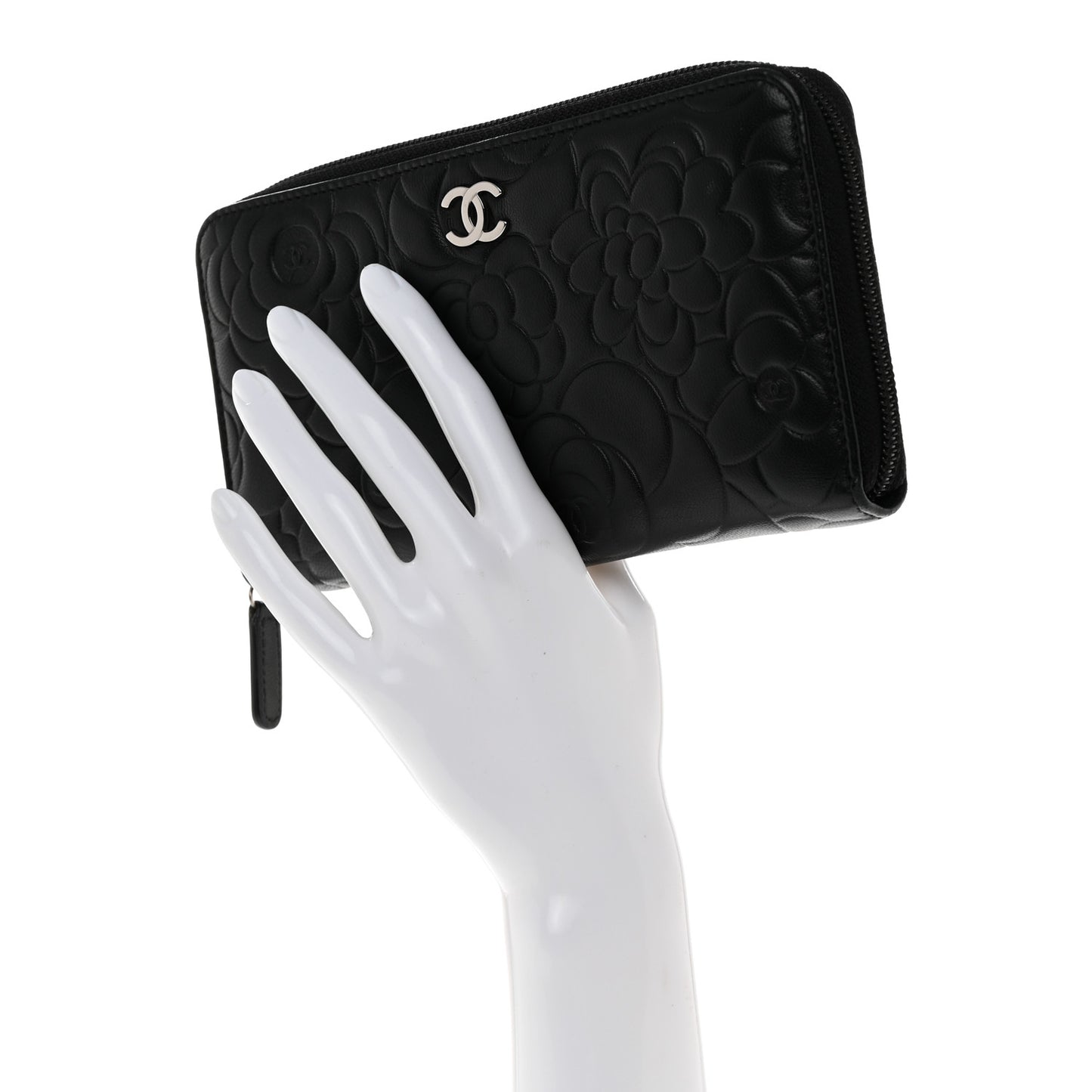 Lambskin Camellia Embossed Large Zip Around Gusset Wallet Black