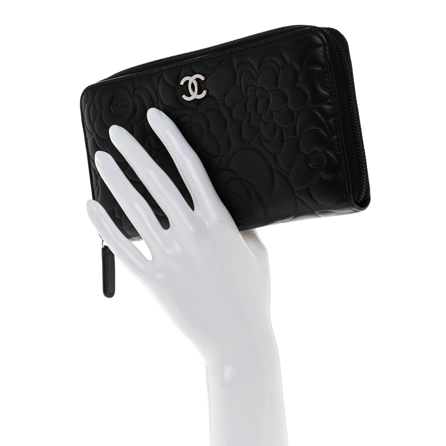 Chanel Lambskin Camellia Embossed Large Zip Around Gusset Wallet Black 2 of 8