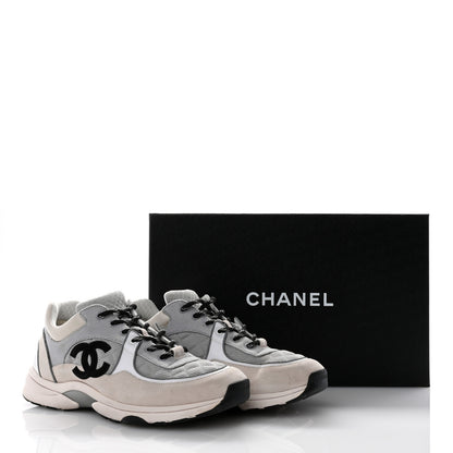 Chanel Mesh Suede Calfskin Grained Calfskin Mens CC Sneakers 45 Gray White 18 of 18