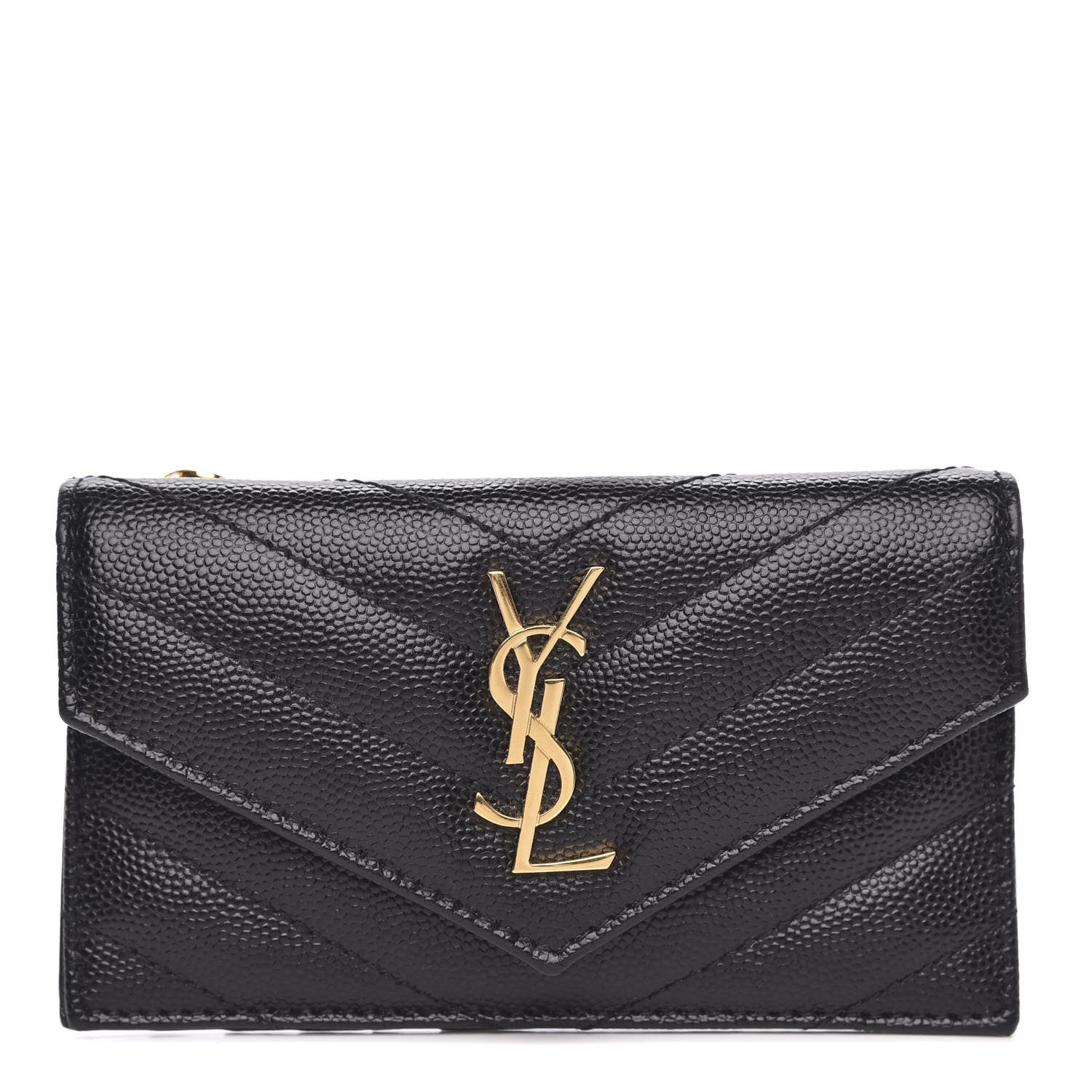 Saint Laurent Grain De Poudre Matelasse Chevron Monogram Compact Wallet Black 1 of 7