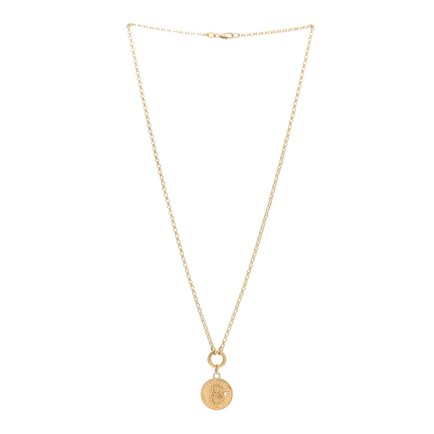 18K Yellow Gold Diamond Baby Karma Medallion Small Belcher Open Mini Chubby Annex Link Necklace
