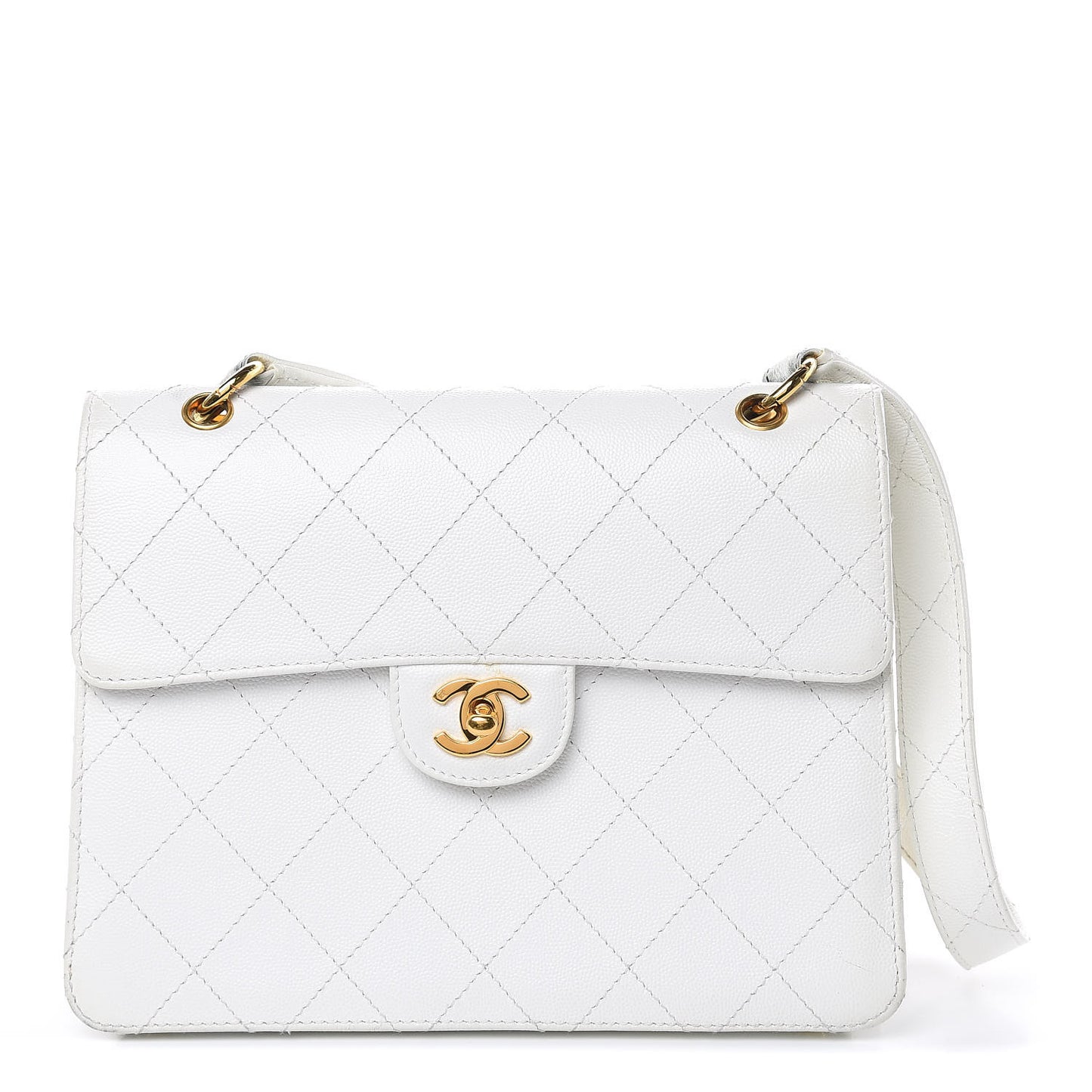 Caviar Stitched Flap Shoulder Bag White