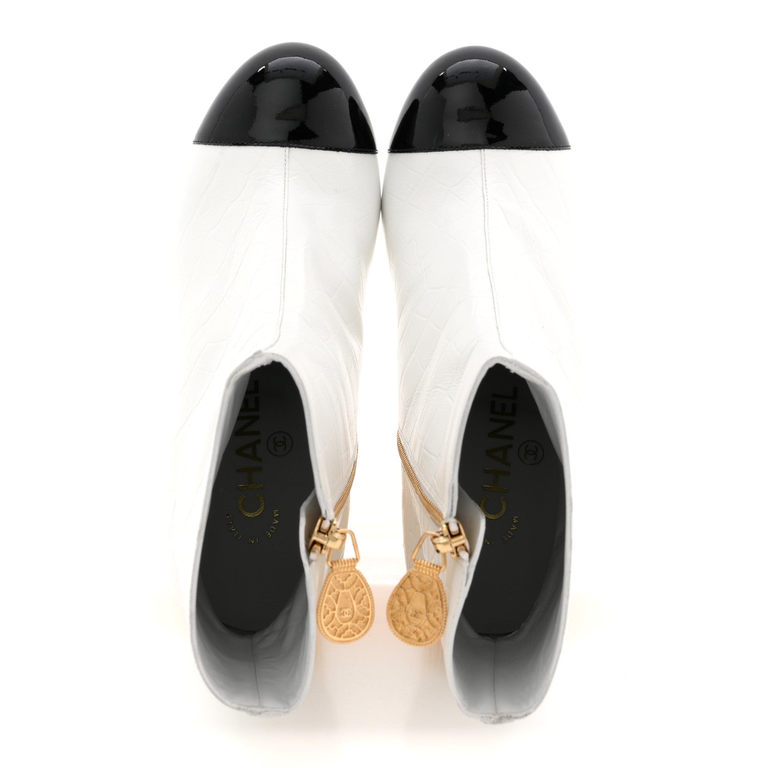Chanel Calfskin Crocodile Embossed Patent Cap Toe Metiers D'Art Ankle Boots 36 White Black 2 of 12