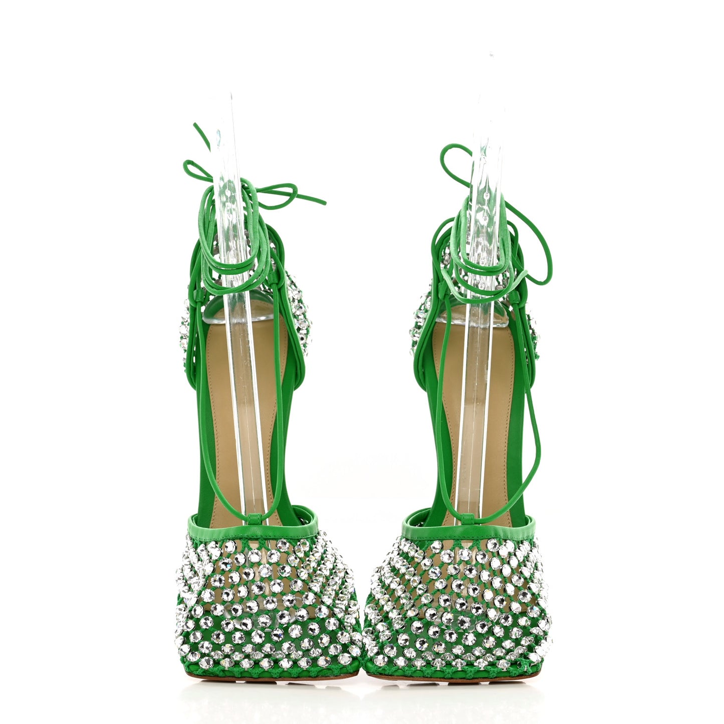 Mesh Nappa Crystal Embellished Sparkle Stretch Ankle Tie Sandals 40 Parakeet