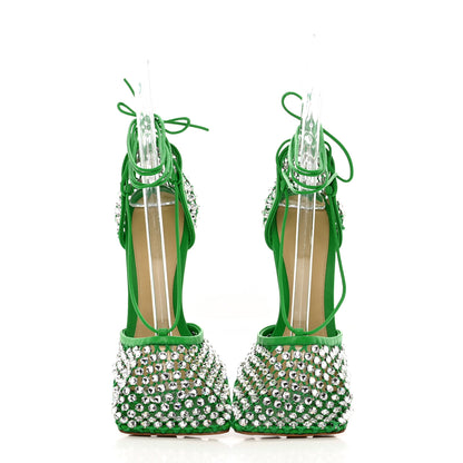 Bottega Veneta Mesh Nappa Crystal Embellished Sparkle Stretch Ankle Tie Sandals 40 Parakeet 5 of 13