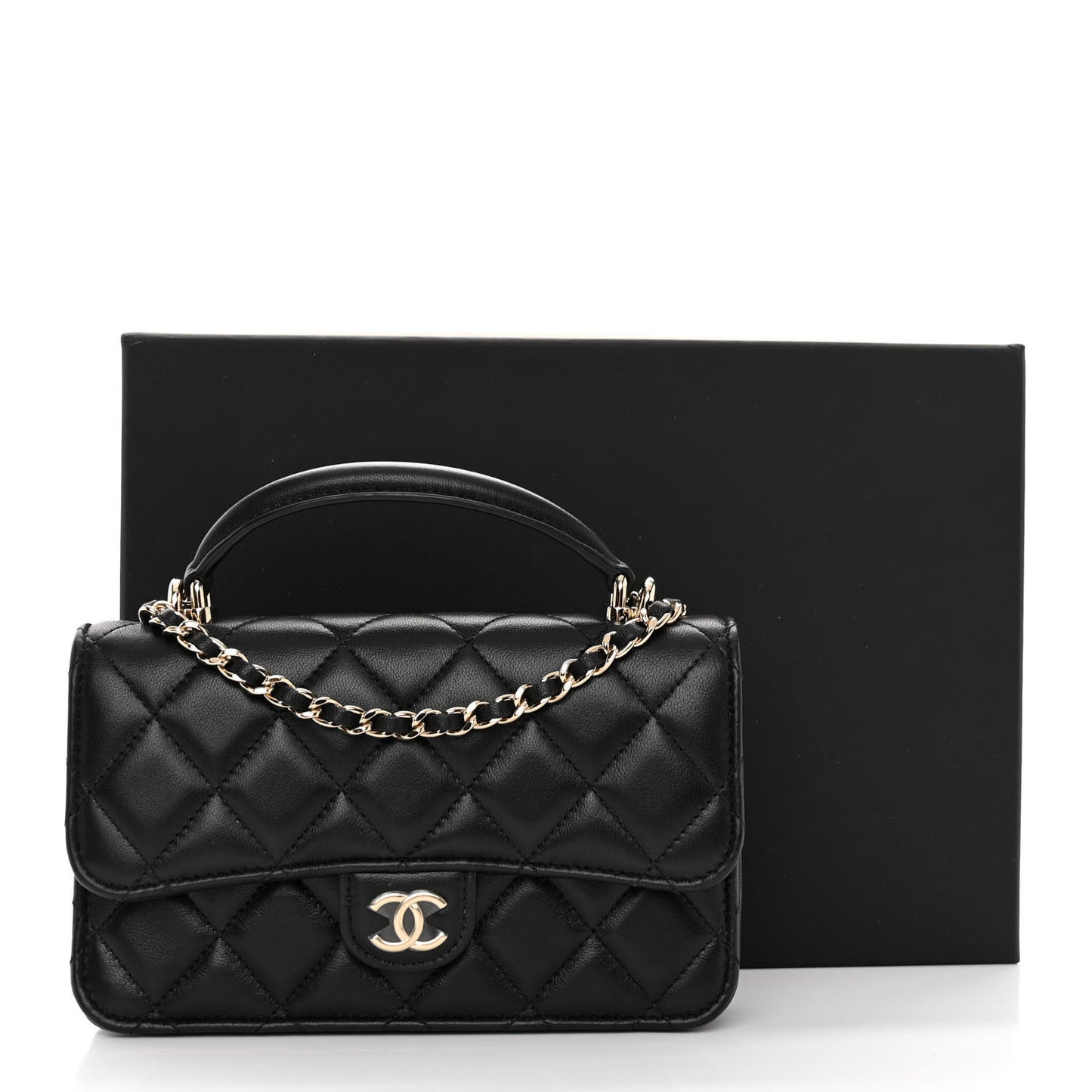 Lambskin Quilted Flap Phone Holder With Chain Black