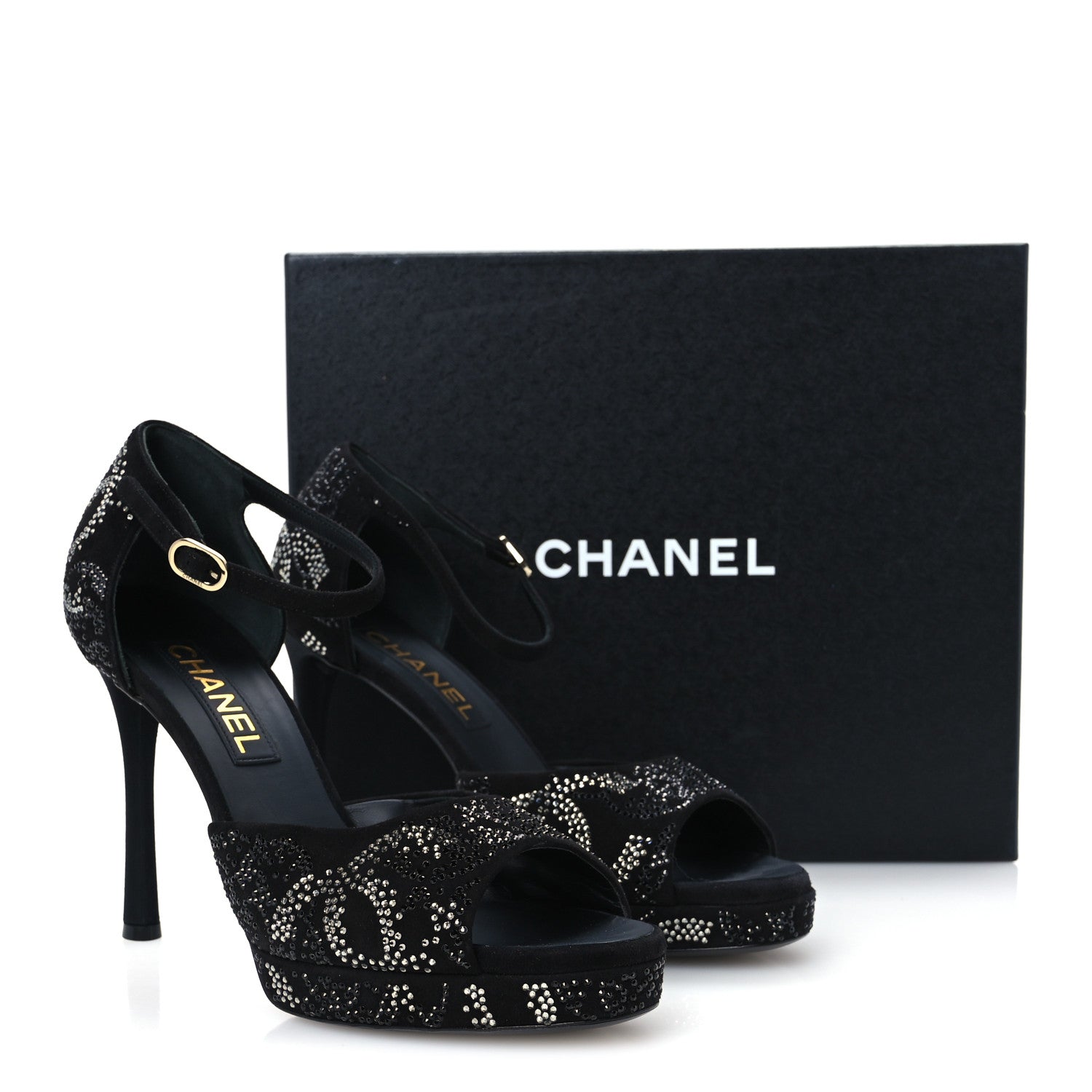 Chanel Suede Kidskin Strass CC Platform Sandals 40 Black Silver 10 of 10