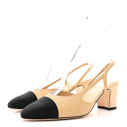 Chanel Goatskin Grosgrain Cap Toe CC Slingback Pumps 40 Beige Black 4 of 10