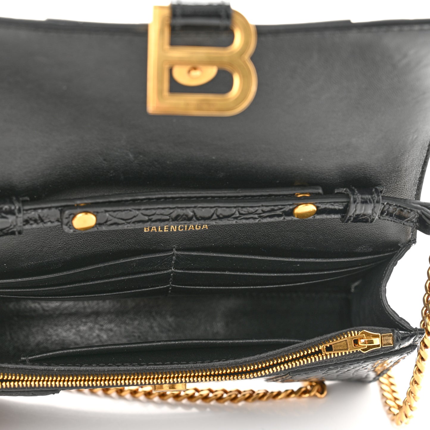 Shiny Calfskin Crocodile Embossed Hourglass Chain Bag Black