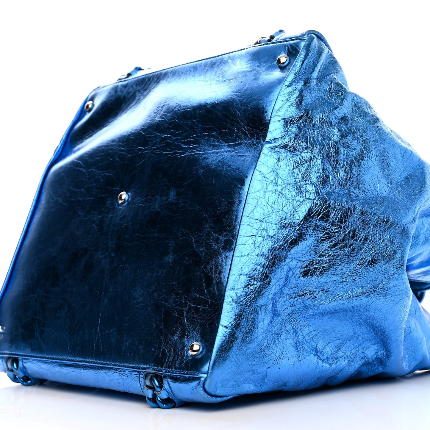 Metallic Cracked Calfskin Modern Chain Tote Blue