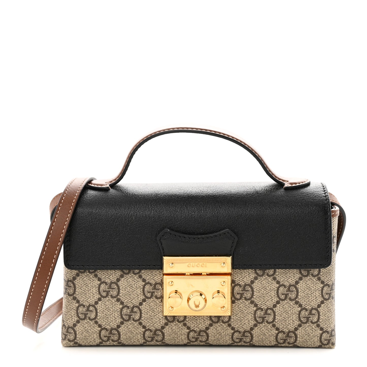GG Supreme Monogram Calfskin Mini Padlock Top Handle Shoulder Bag Beige Black Cuir