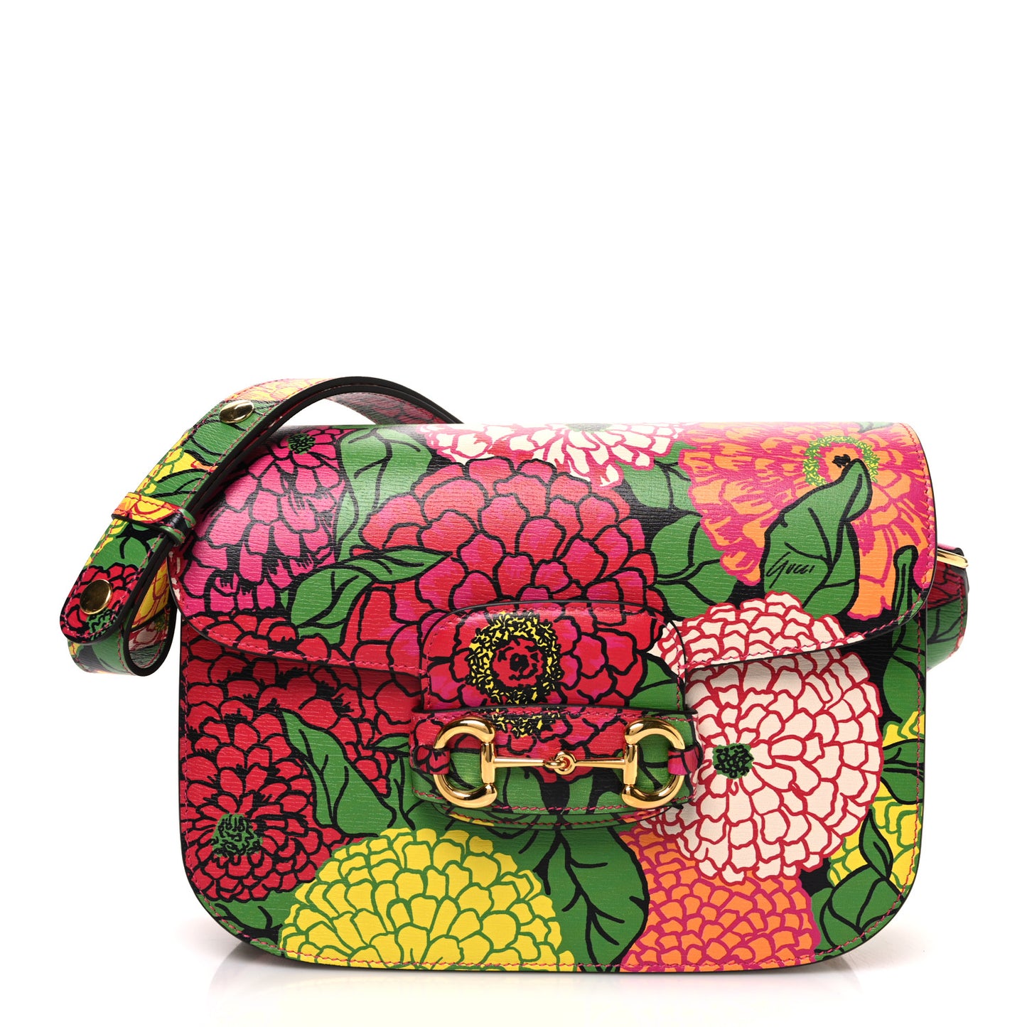 X KEN SCOTT New Shangai Calfskin Pomponica Print Horsebit 1955 Shoulder Bag Multicolor Fuxia Pompon