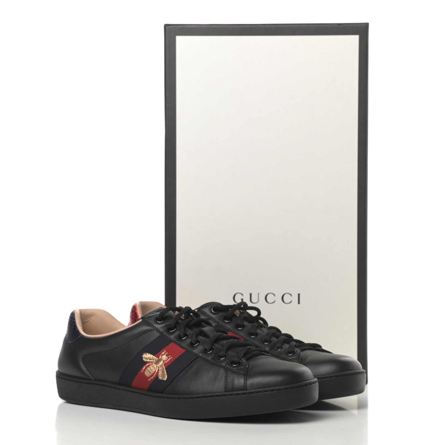 Gucci Miro Soft Calfskin Laminated Ayers Web Bee Embroidered Mens Ace Sneakers 6.5 Black Red Flame Night 11 of 11