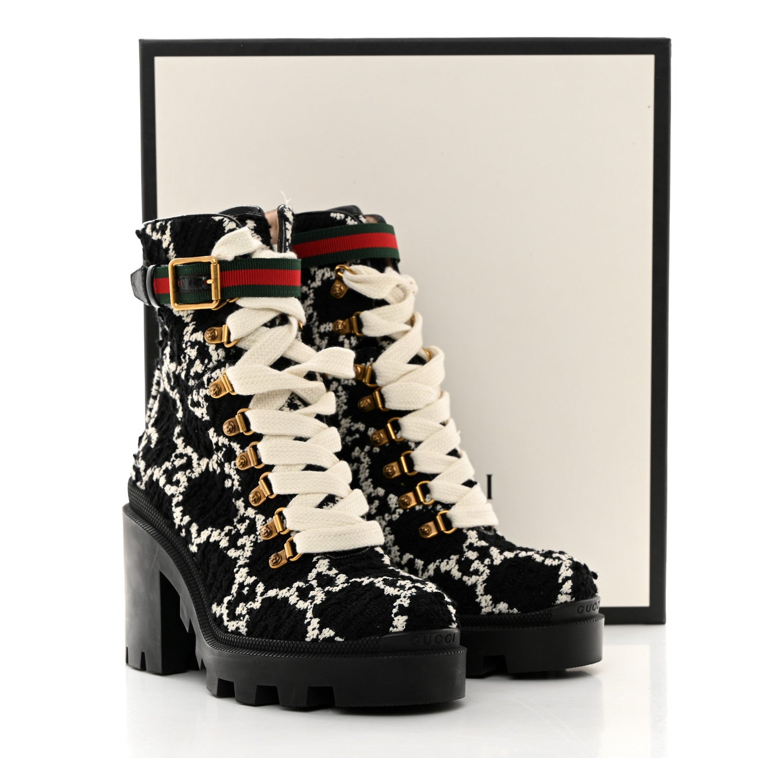 Gucci Tweed GG Monogram Lace Up Combat Ankle Boots 37.5 Black 9 of 9