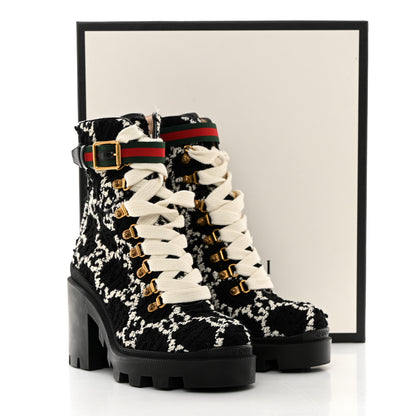 Gucci Tweed GG Monogram Lace Up Combat Ankle Boots 37.5 Black 9 of 9