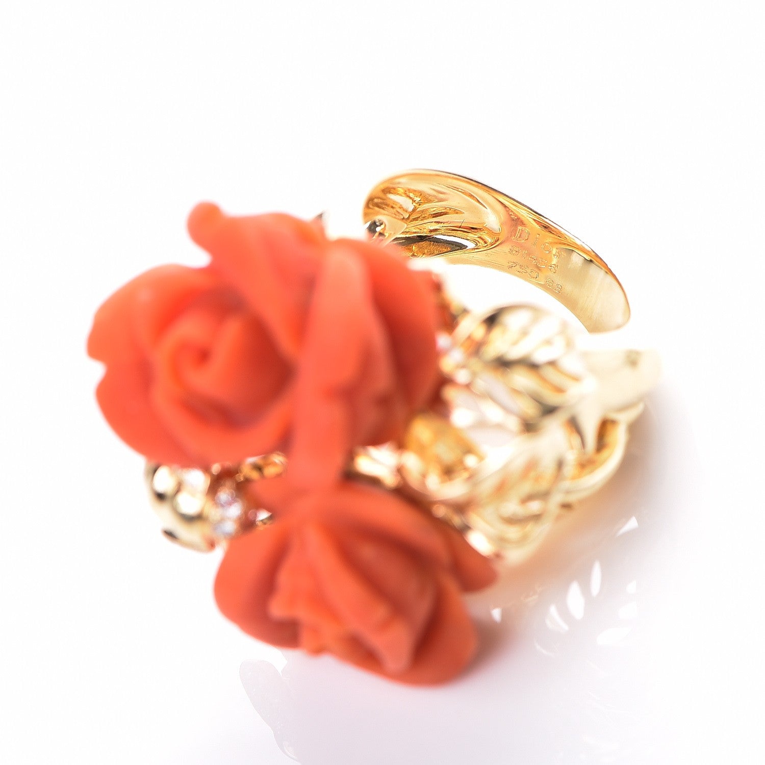 Christian Dior 18K Yellow Gold Red Coral Diamond Large Rose Dior Pre Catelan Ring 53 6.5 6 of 7