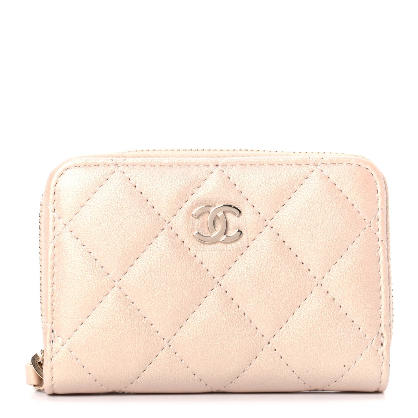 Iridescent Calfskin Quilted Zip Coin Purse Wallet Beige