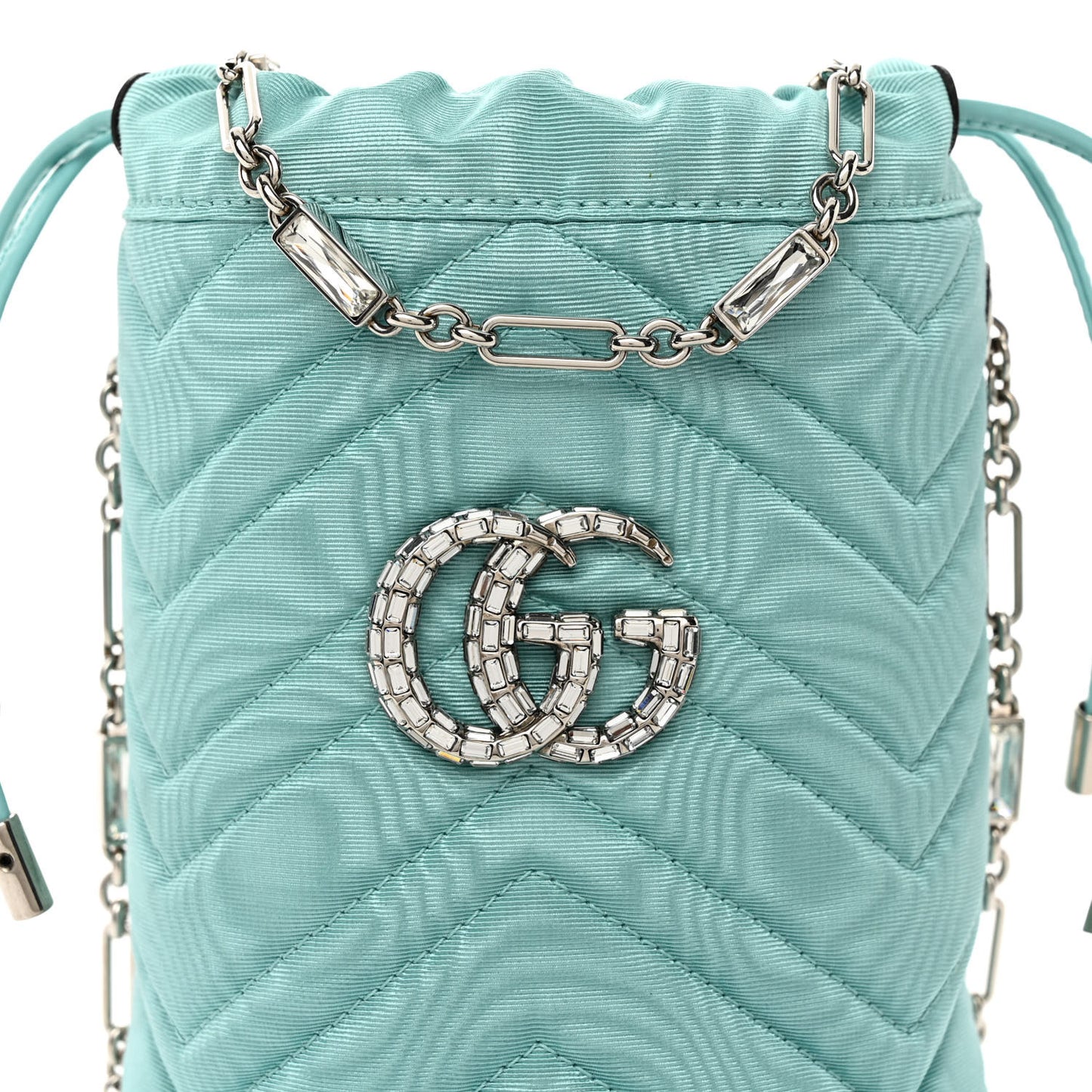 Moire Fabric Calfskin Crystal Matelasse Mini GG Marmont 2.0 Bucket Bag Dark Ocean Wave Crystal