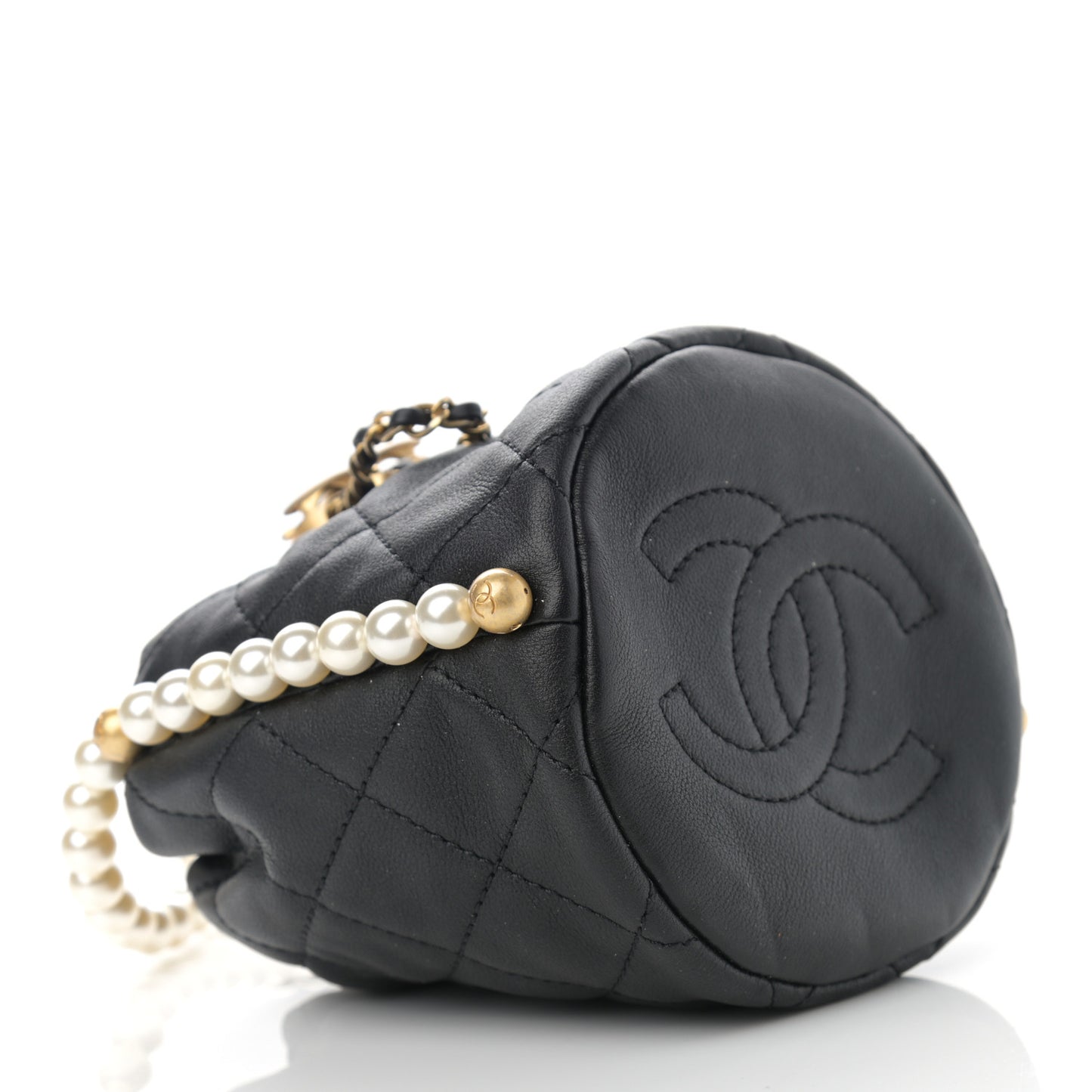 Calfskin Quilted Pearl Mini About Pearls Drawstring Bucket Bag Black