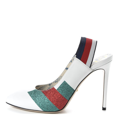 Gucci Calfskin Glitter Web High Heel Slingback Pumps 40.5 White 1 of 10