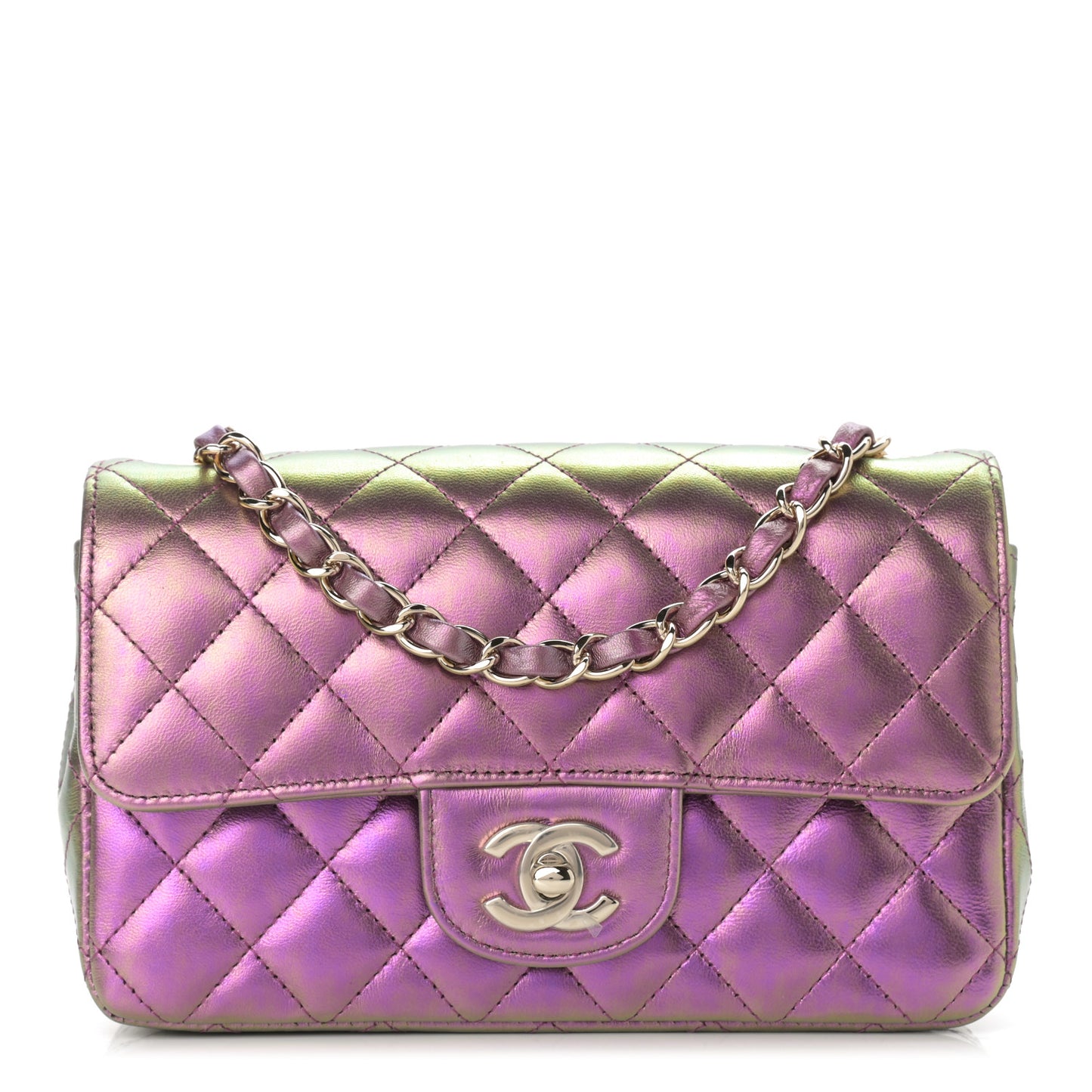 Iridescent Lambskin Quilted Mini Rectangular Flap Purple