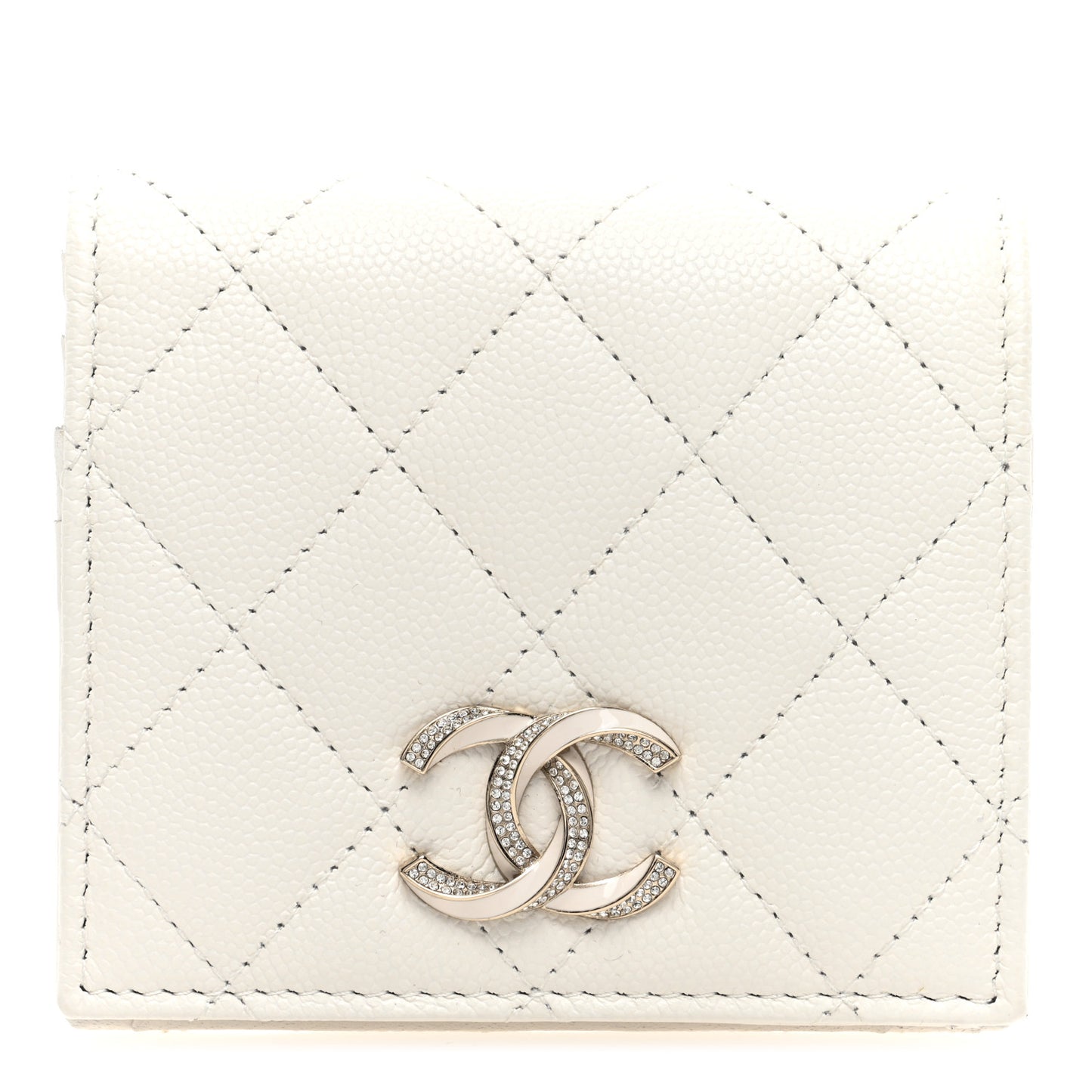 Caviar Quilted Crystal Enamel Quilted Compact Bifold Wallet White