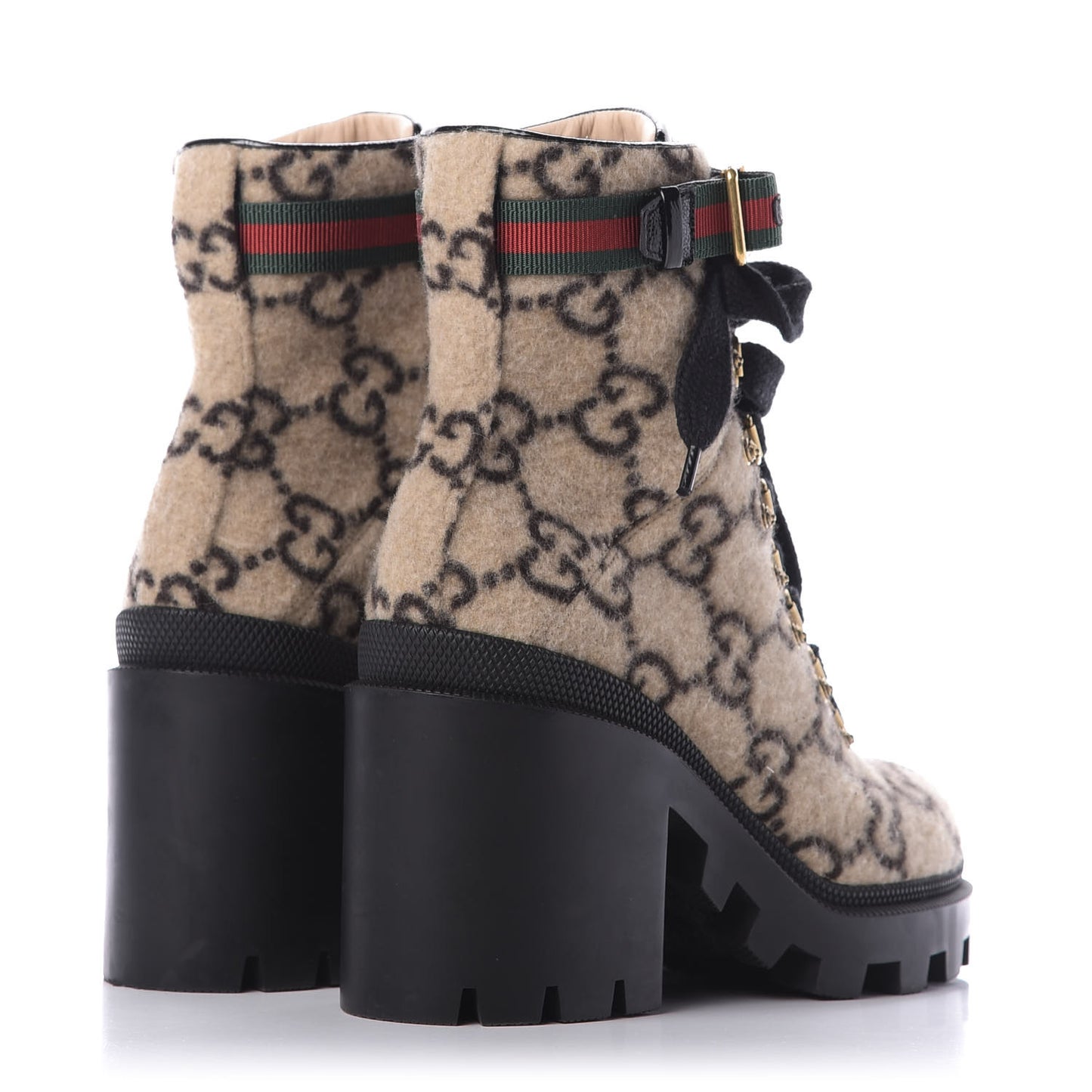 Covered Wool GG Monogram Womens Lace Up Combat Ankle Boots 36 Beige Ebony Black