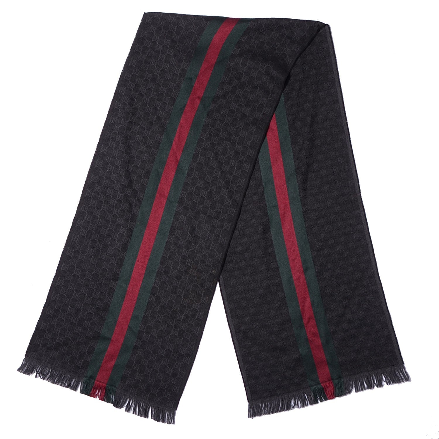 Gucci Wool Silk GG Monogram Web Verbier Fringe Scarf Black 3 of 6