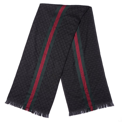 Gucci Wool Silk GG Monogram Web Verbier Fringe Scarf Black 3 of 6