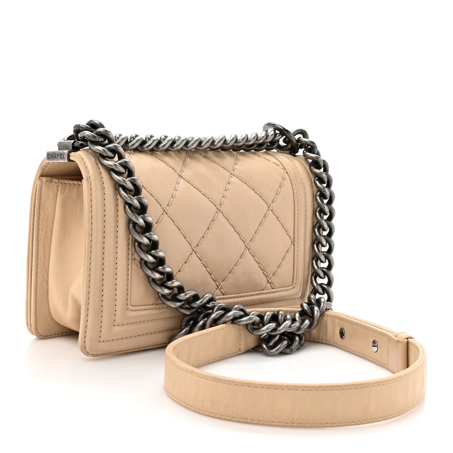 Calfskin Double Stitch Small Boy Flap Beige