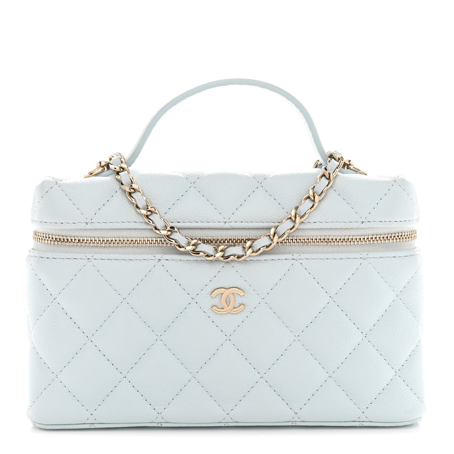 Caviar Quilted Top Handle Slim Vanity With Chain Light Blue