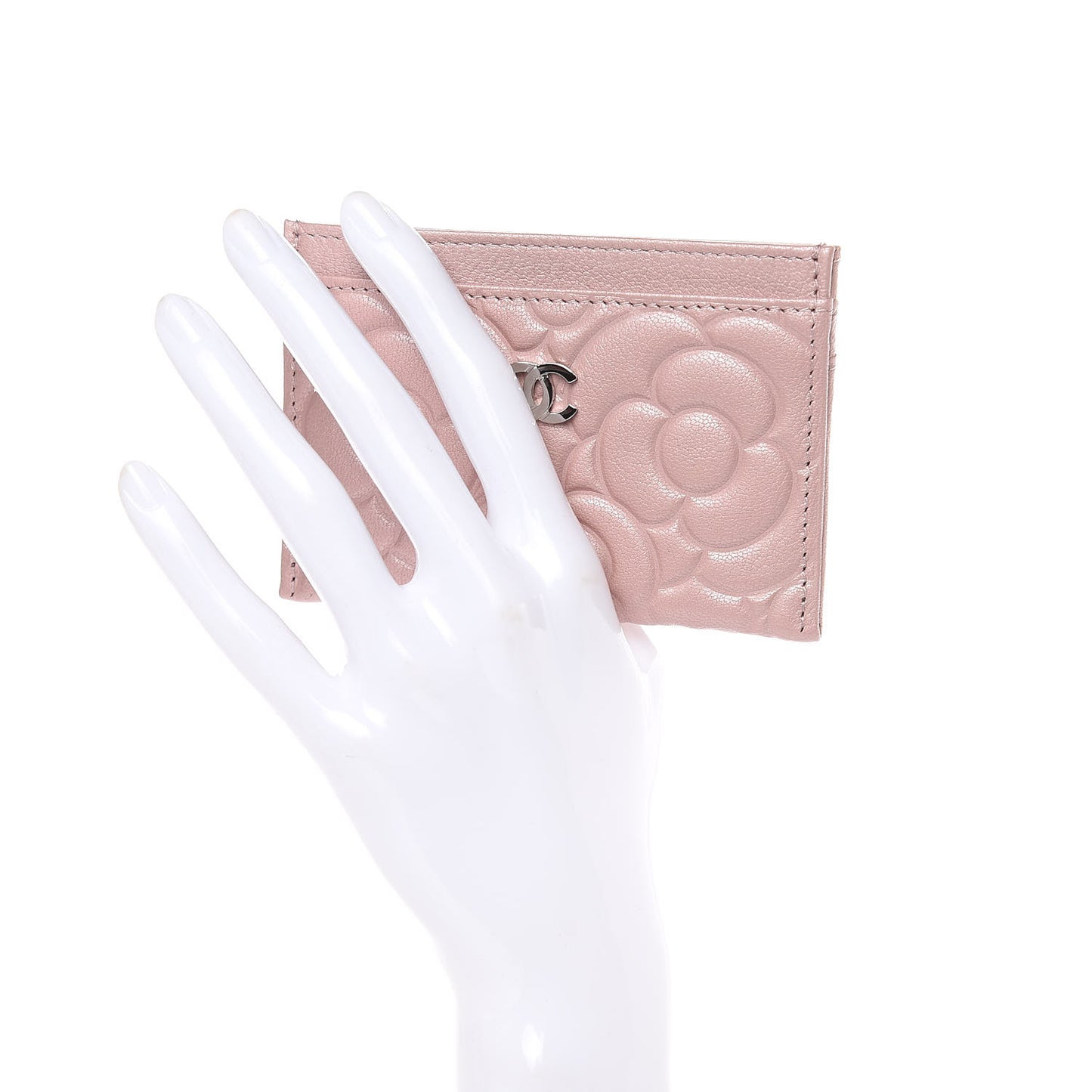 Goatskin Camellia Embossed Card Holder Light Pink