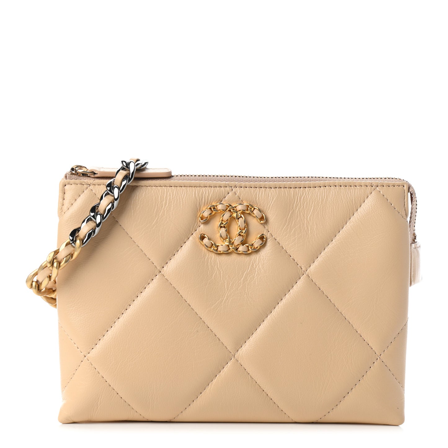 Shiny Goatskin Quilted Chanel 19 Small Pouch With Handle Beige