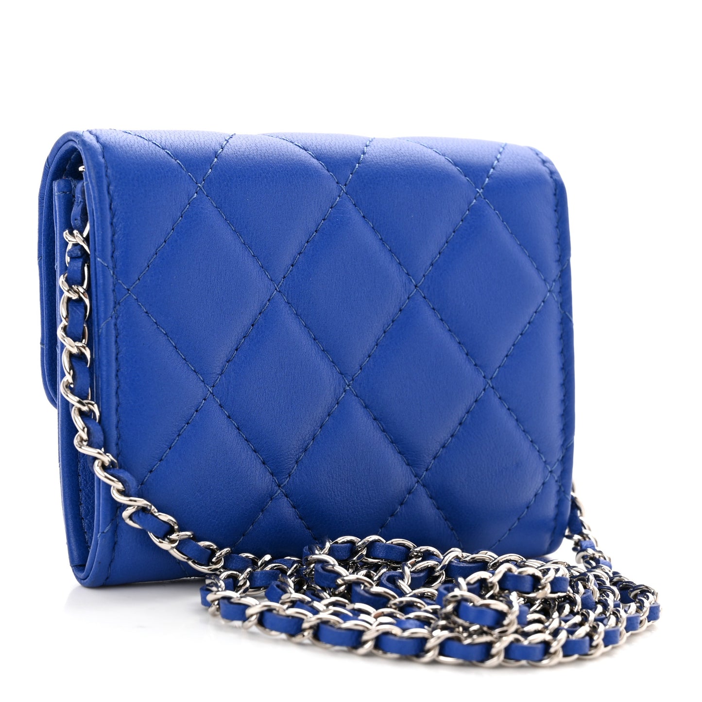 Lambskin Quilted Flap Card Holder On Chain Blue