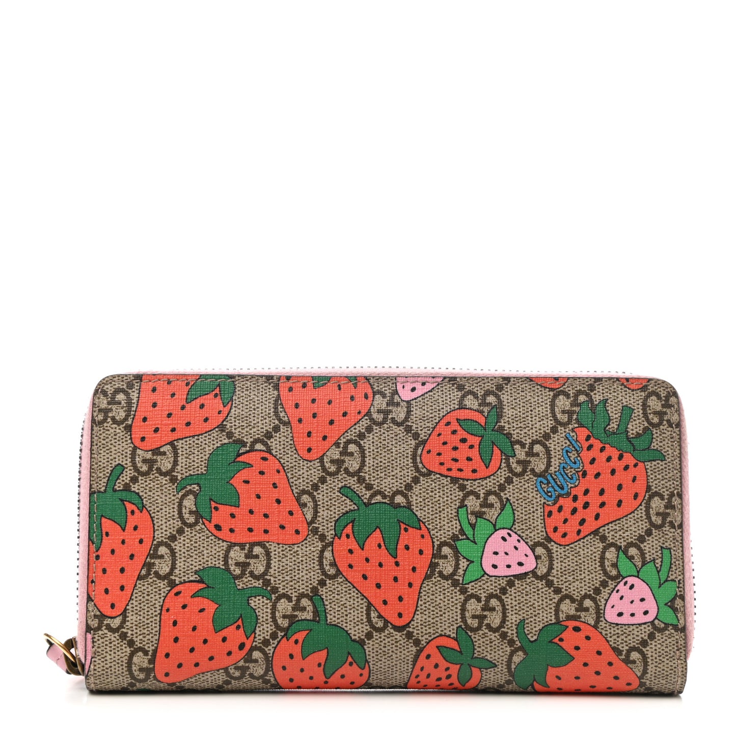 GG Supreme Monogram Strawberry Zip Around Wallet Light Pink