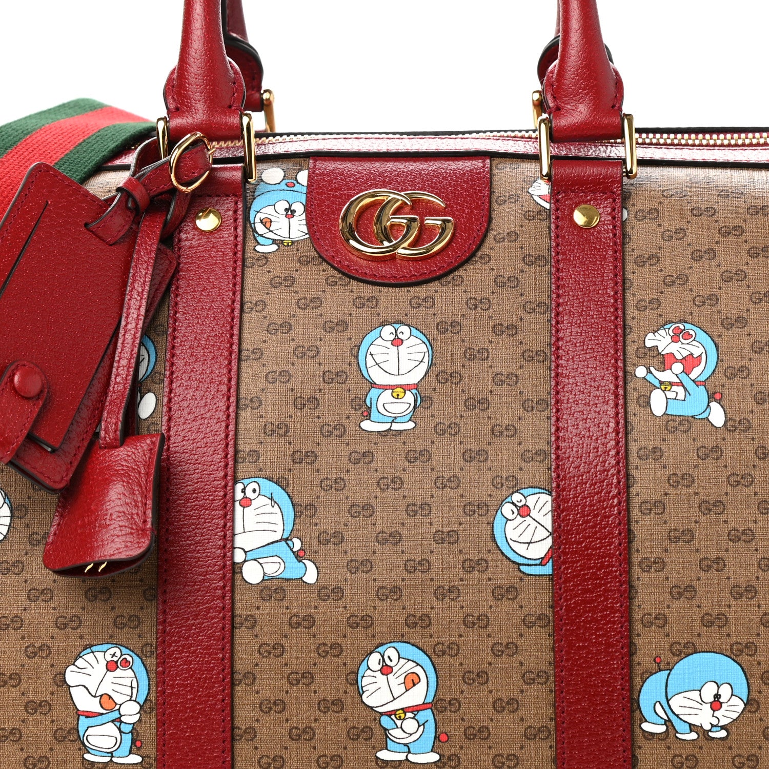 Gucci X DORAEMON Mini Vintage GG Supreme Monogram Web Duffle Travel Bag Beige Cherry Red 7 of 9
