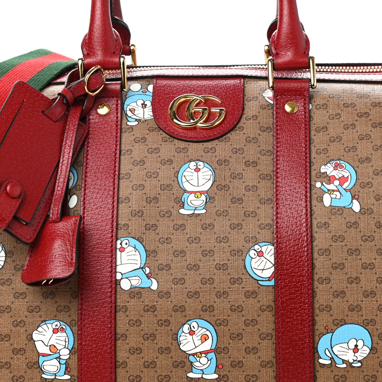 X DORAEMON Mini Vintage GG Supreme Monogram Web Duffle Travel Bag Beige Cherry Red
