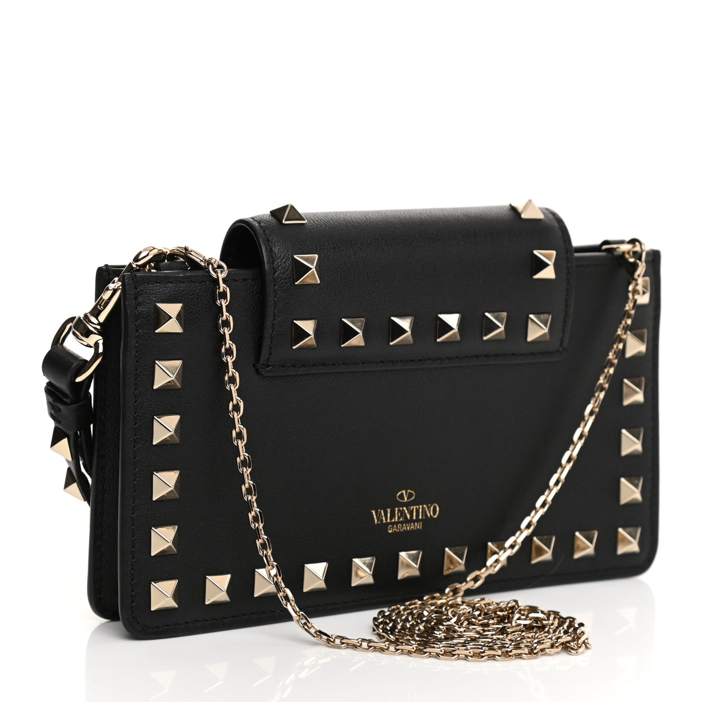 Calfskin Rockstud Phone Case With Chain Black