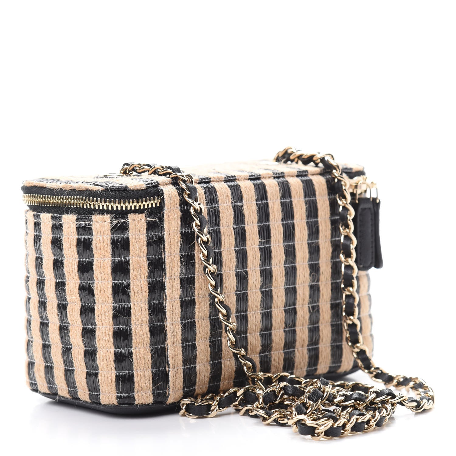 Chanel Raffia Jute Striped Small Vanity Case With Chain Black Beige 3 of 11