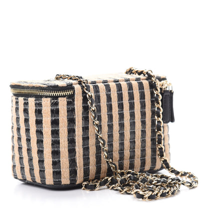 Chanel Raffia Jute Striped Small Vanity Case With Chain Black Beige 3 of 11