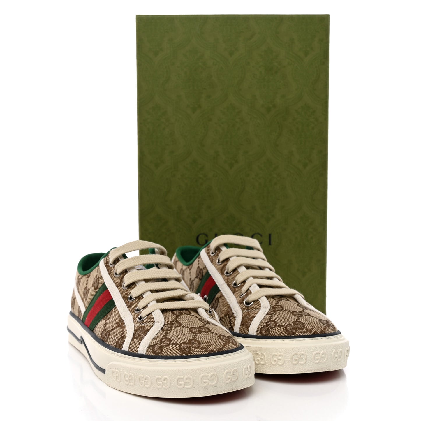 GG Monogram Web Womens 1977 Tennis Sneakers 38.5 Beige Ebony Mystic White