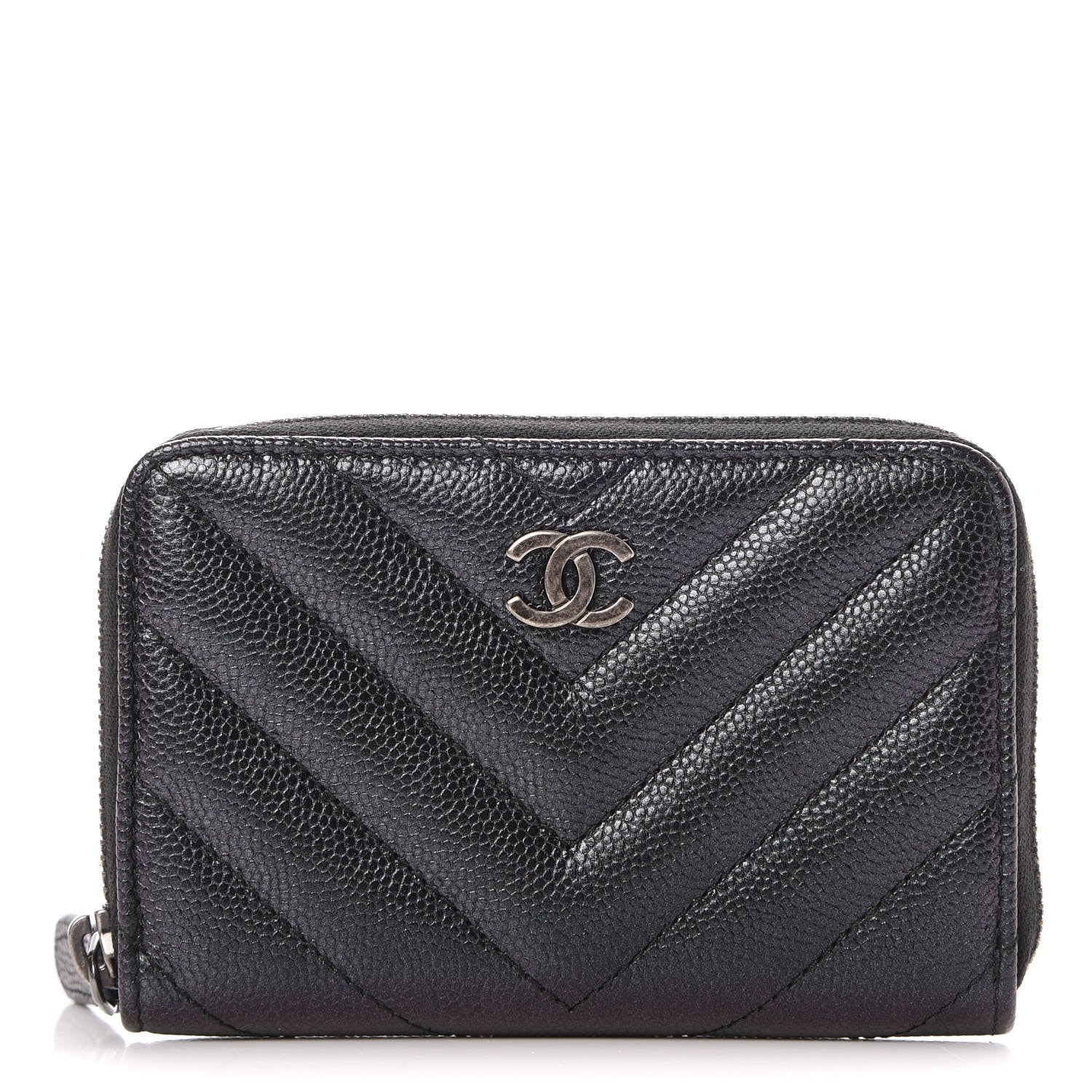 Chanel Iridescent Caviar Chevron Quilted Zip Around Coin Purse Black 1 of 8